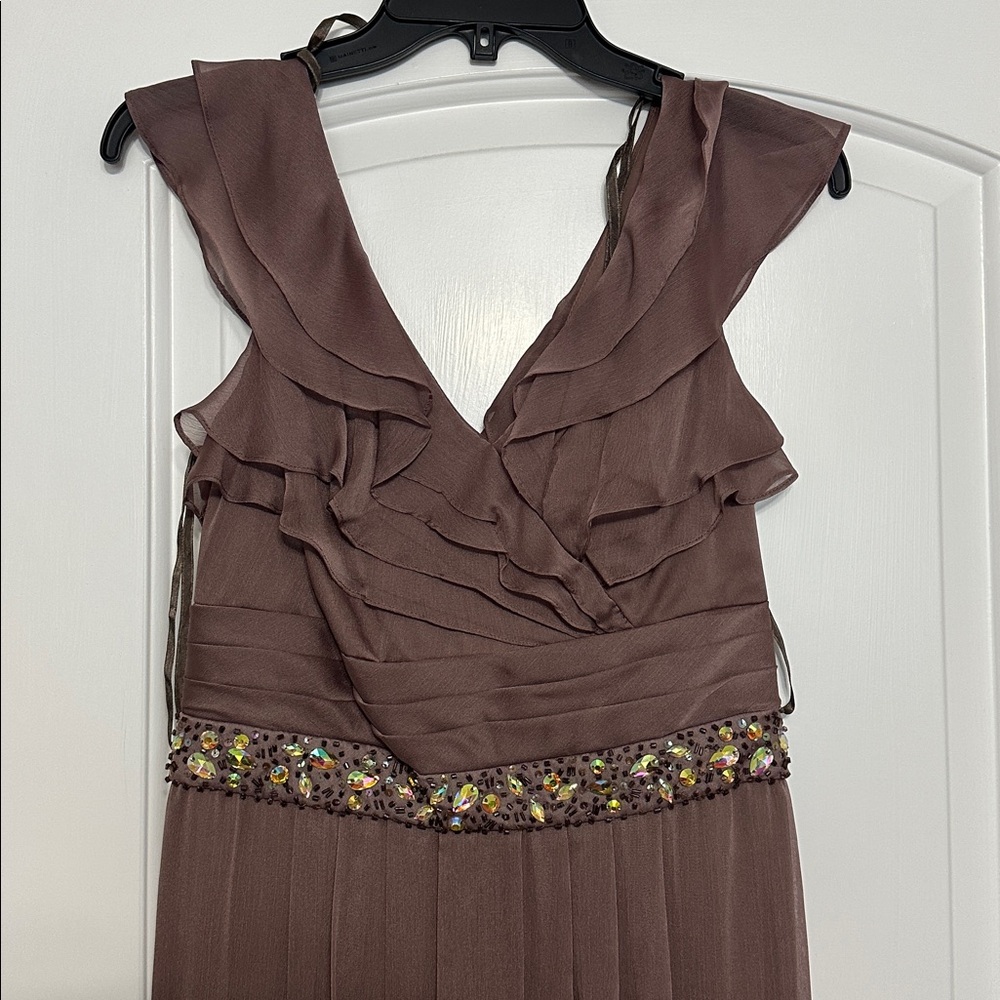 Cachet Taupe Dress with Ruffle Accents